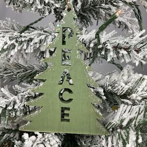 Christmas Ornament-Wooden Green Glittery “PEACE” Tree- The Bridge Collection